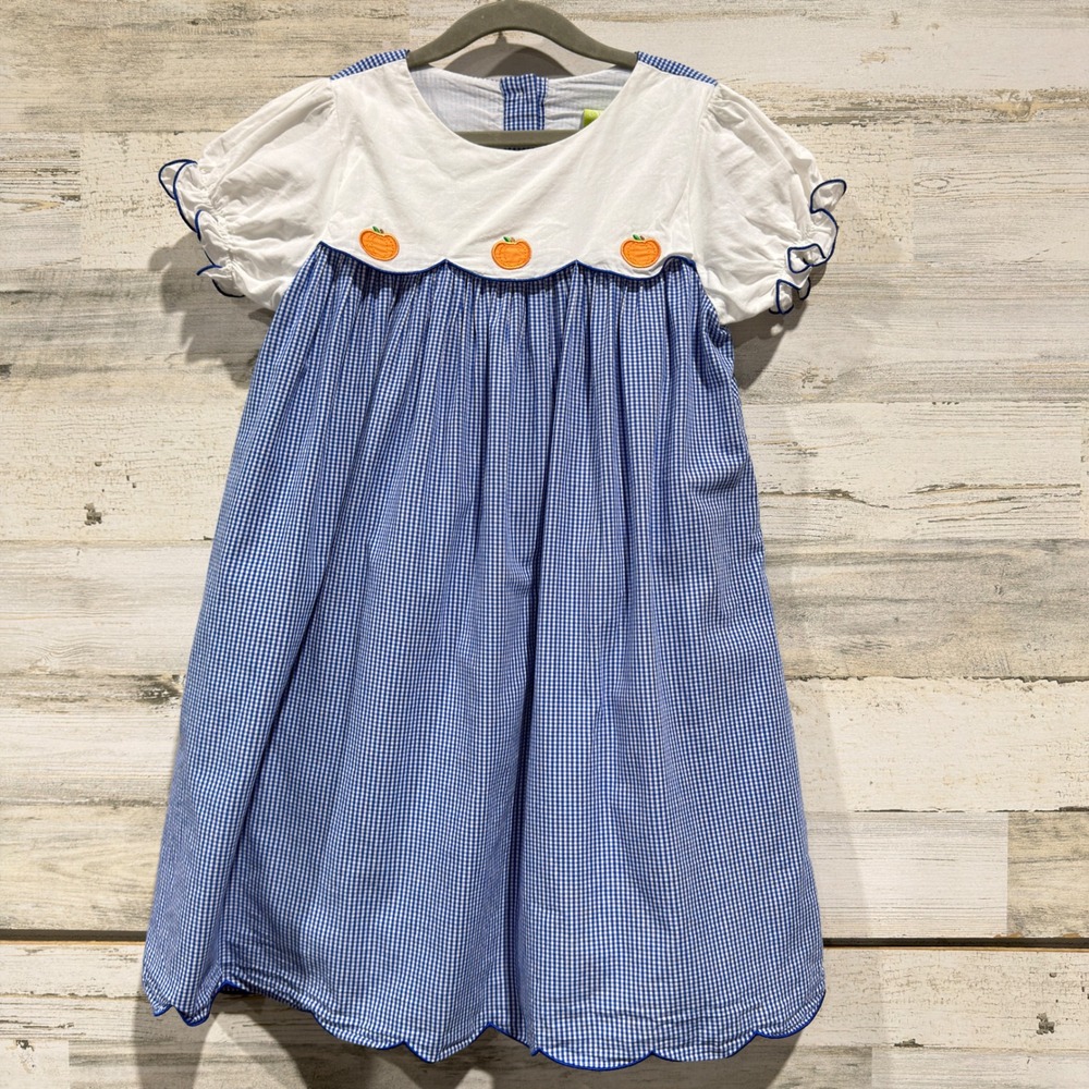 Classic Whimsy Dress Girls 10 Blue Gingham Pumpkin Embroidered Fall EUC